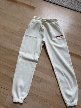 White Fox Boutique Cream Track Joggers with Red Logo